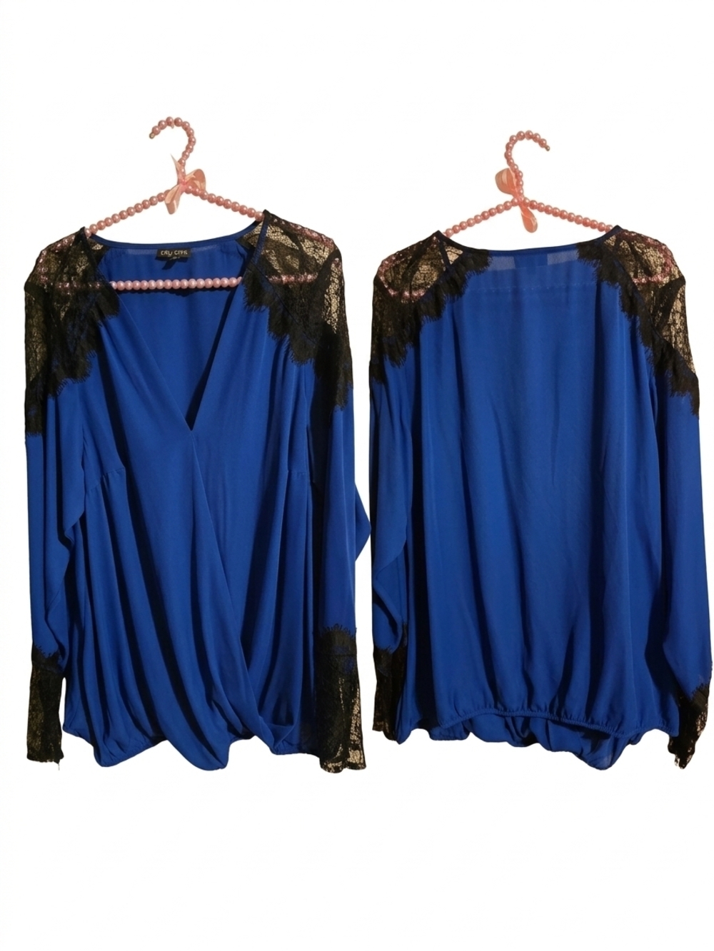 City Chic Cobalt Blue V-Neck Blouse with Black Lace Accents